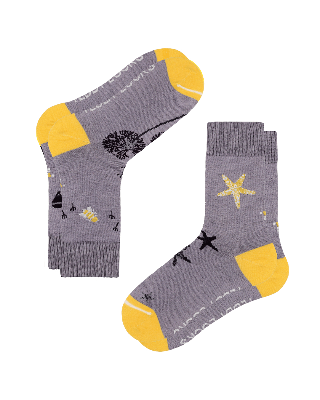 womens crew socks. Light purple ecofriendly socks for women. Yellow patterned socks with hot air ballloon bumble bee pirate-ship and starfish patterns. 