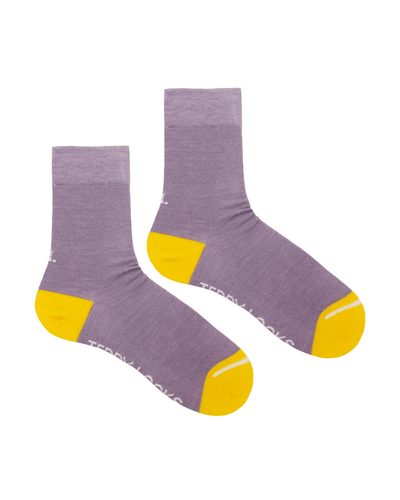 Teddy Locks Lilac everyday crew socks. Yellow and purple socks made from recycled plastic bottles