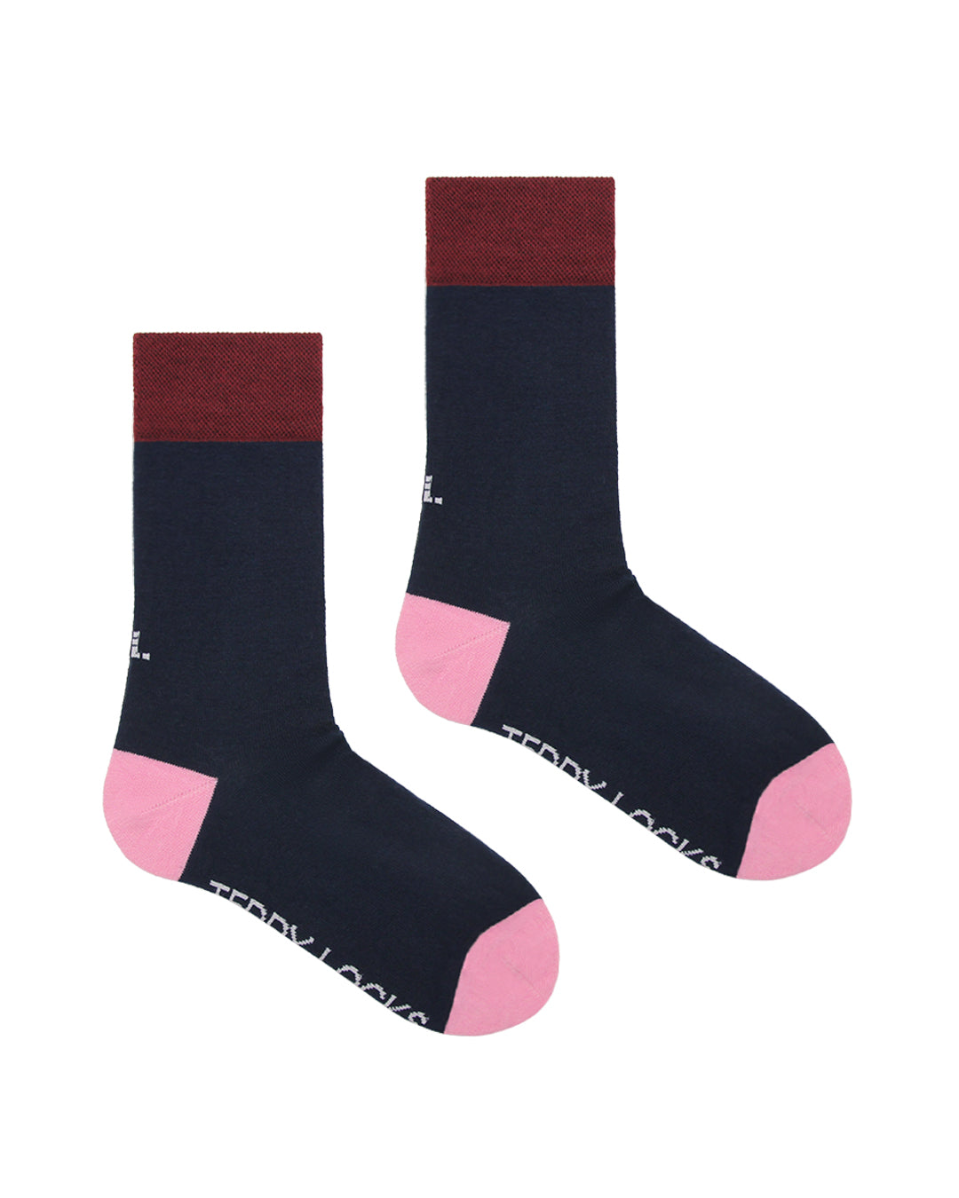 Navy everyday crew socks with pink heel and toe and burgundy tops