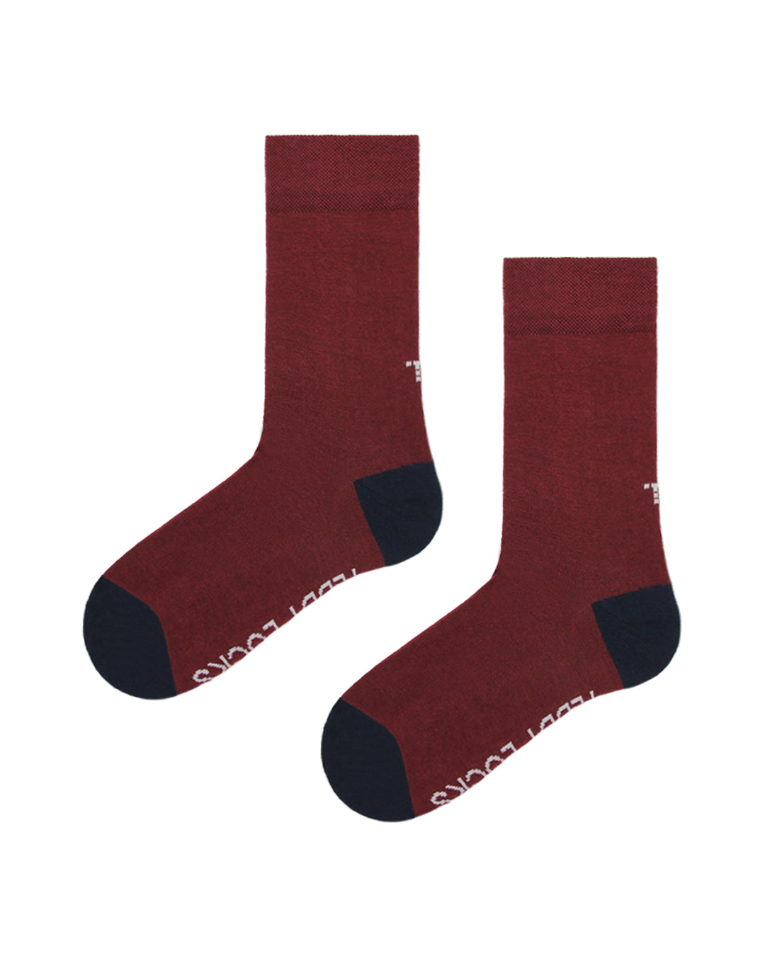 Pair of Teddy Locks burgundy crew socks with navy heel and toe