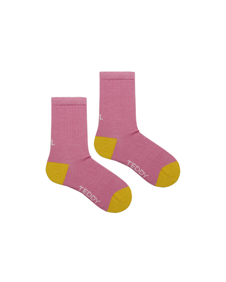 Pink and yellow ribbed crew socks in size small