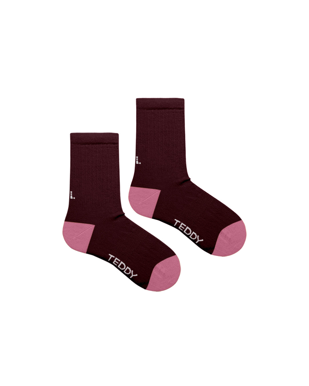 Burgundy ribbed crew sock with pink heel and toe