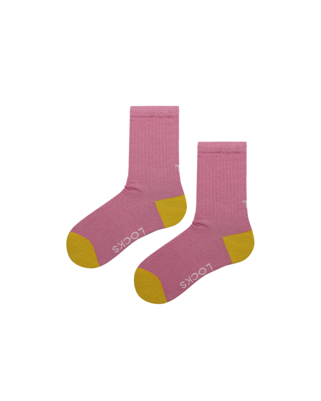 Pink ribbed crew socks with yellow heel and toe accents