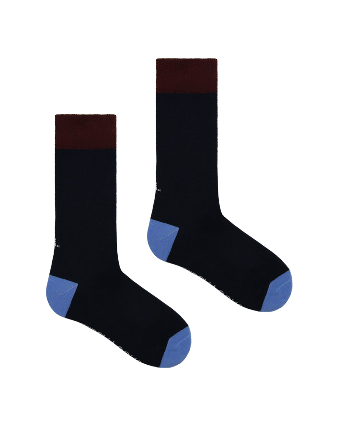 Navy everyday crew sock with blue accent heel and toes and burgundy cuff
