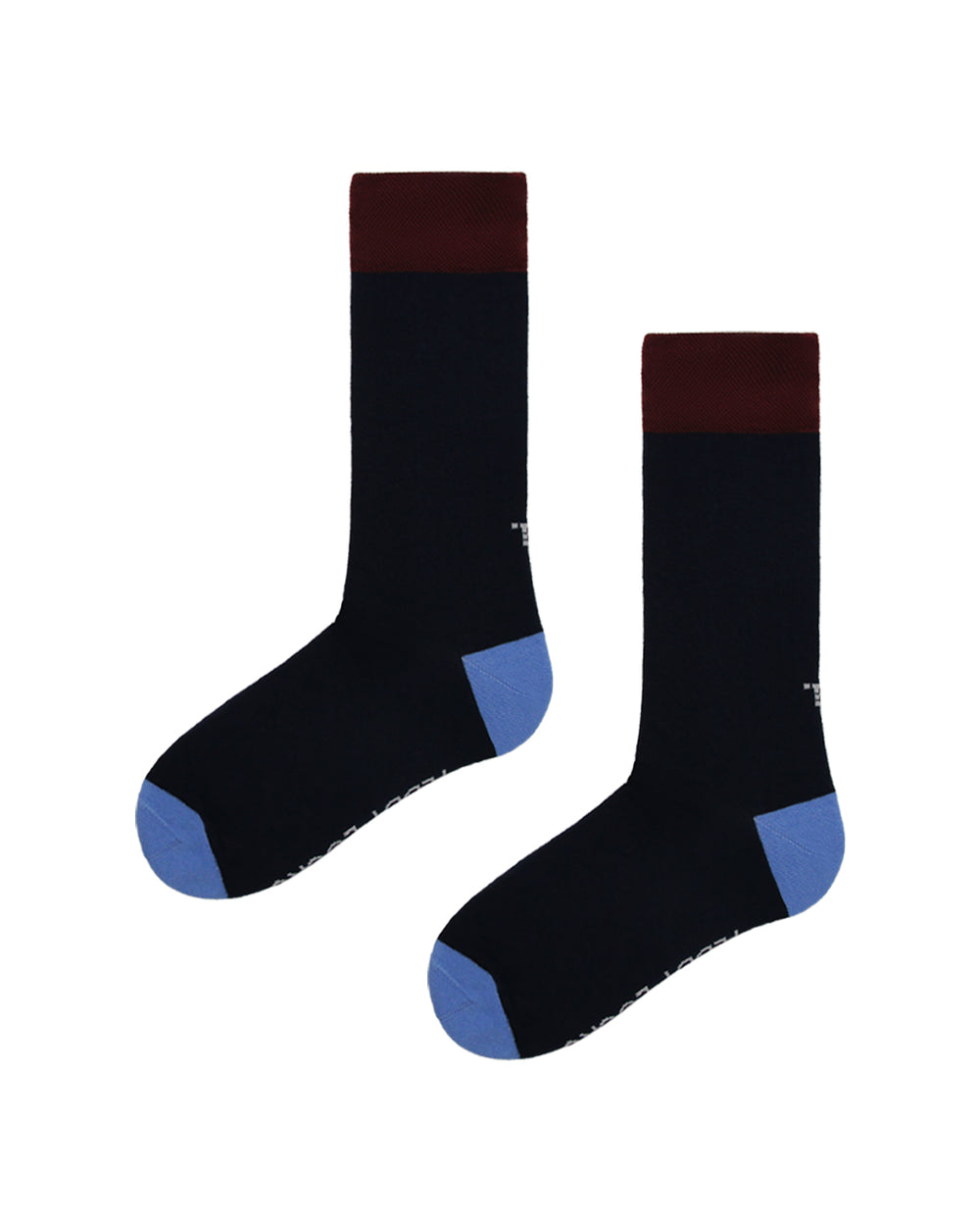 Navy everyday crew socks with blue heel and toe and burgundy top.