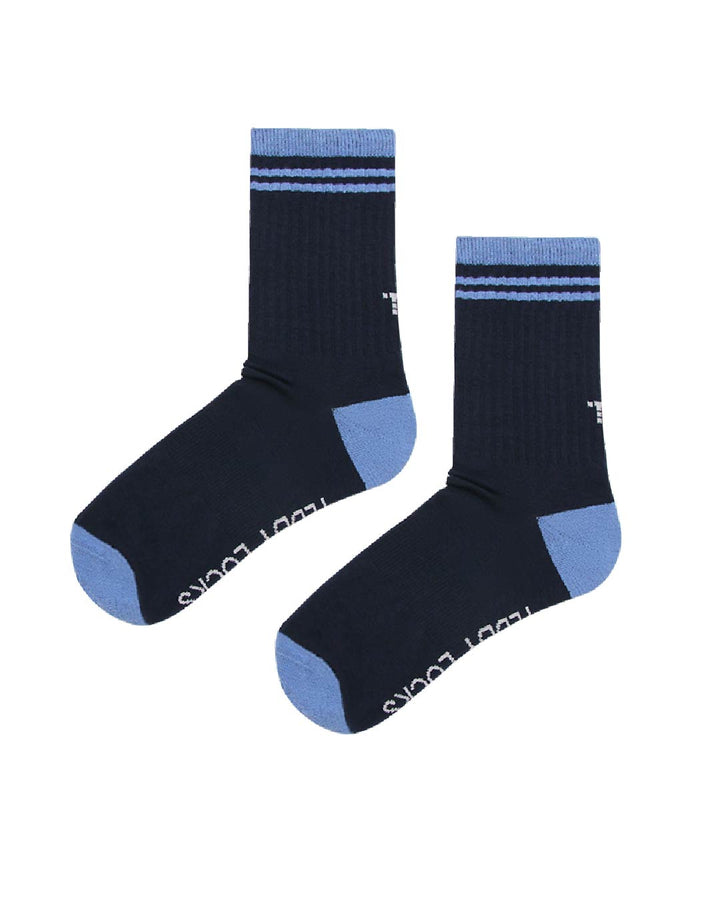 Navy blue ribbed crew socks with light blue stripes