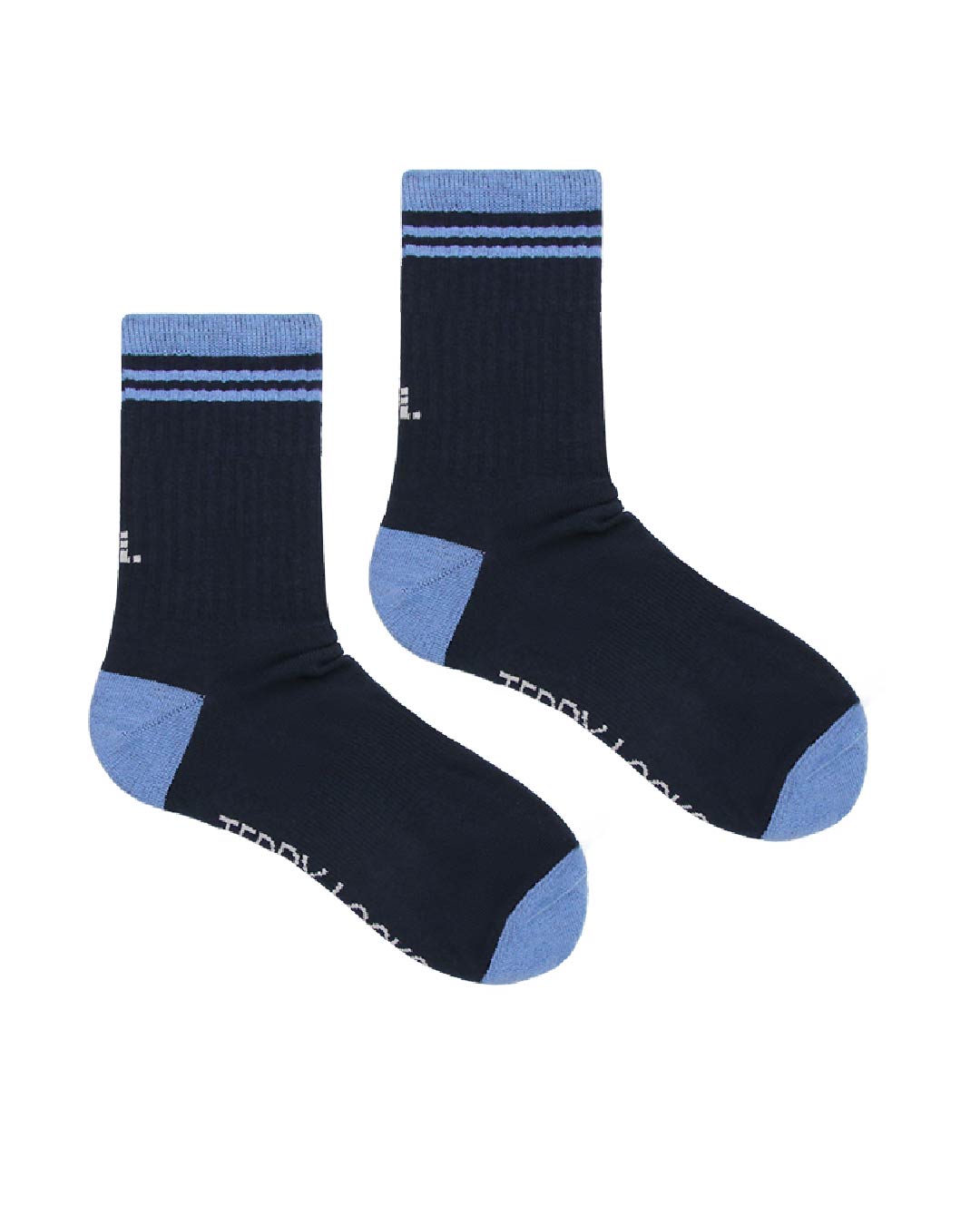 Navy ribbed crew socks with light blue accents