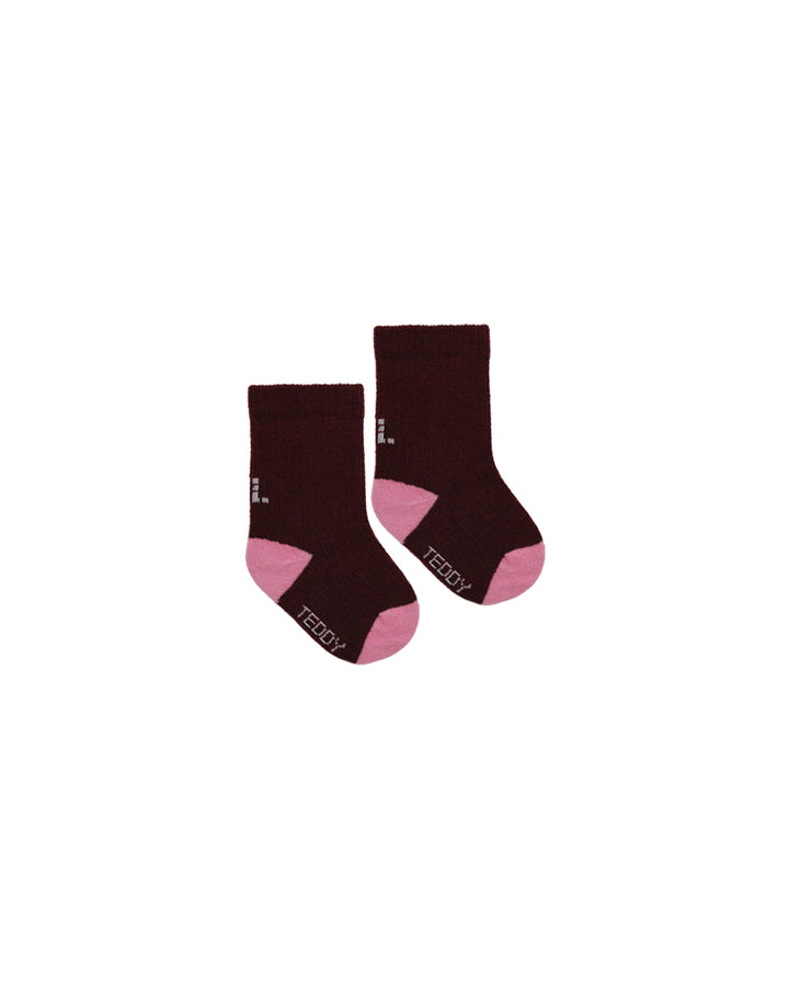 Burgundy baby socks with pink heel and toes