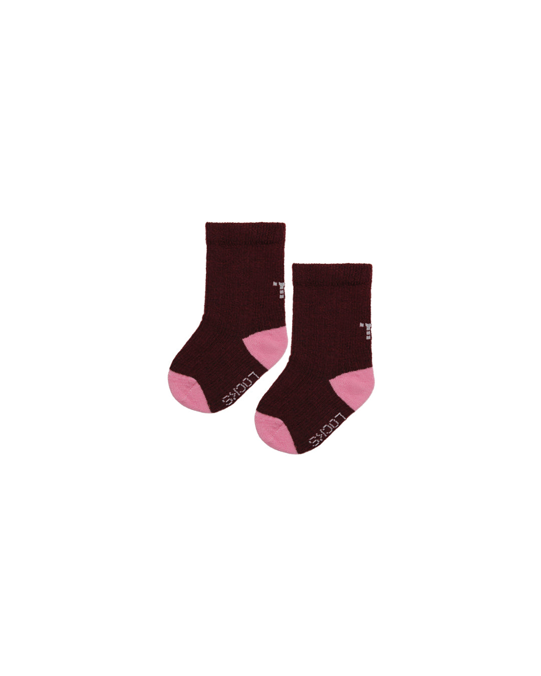 Burgundy baby socks with pink heel and toe accents