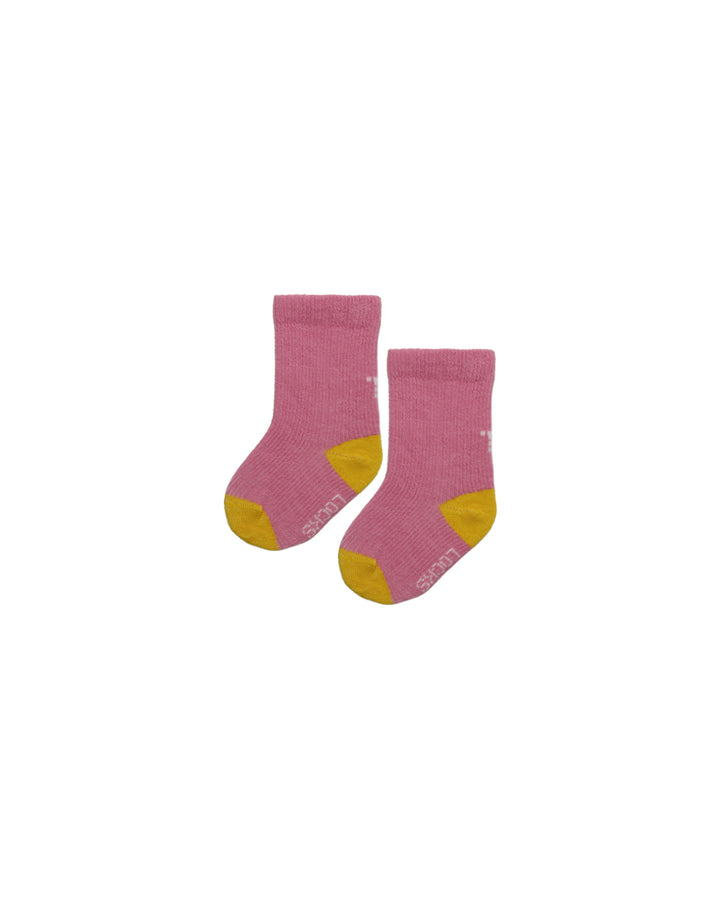 Pink baby socks with yellow heel and toe from Teddy Locks