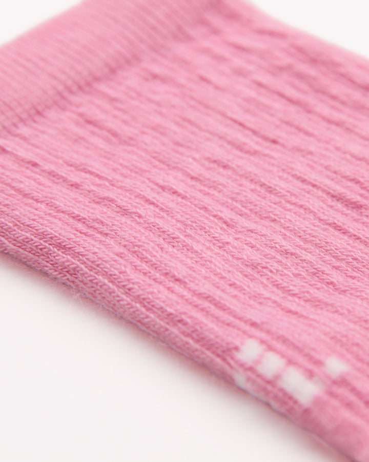 Close-up of knitted elasticated leg in pink for children