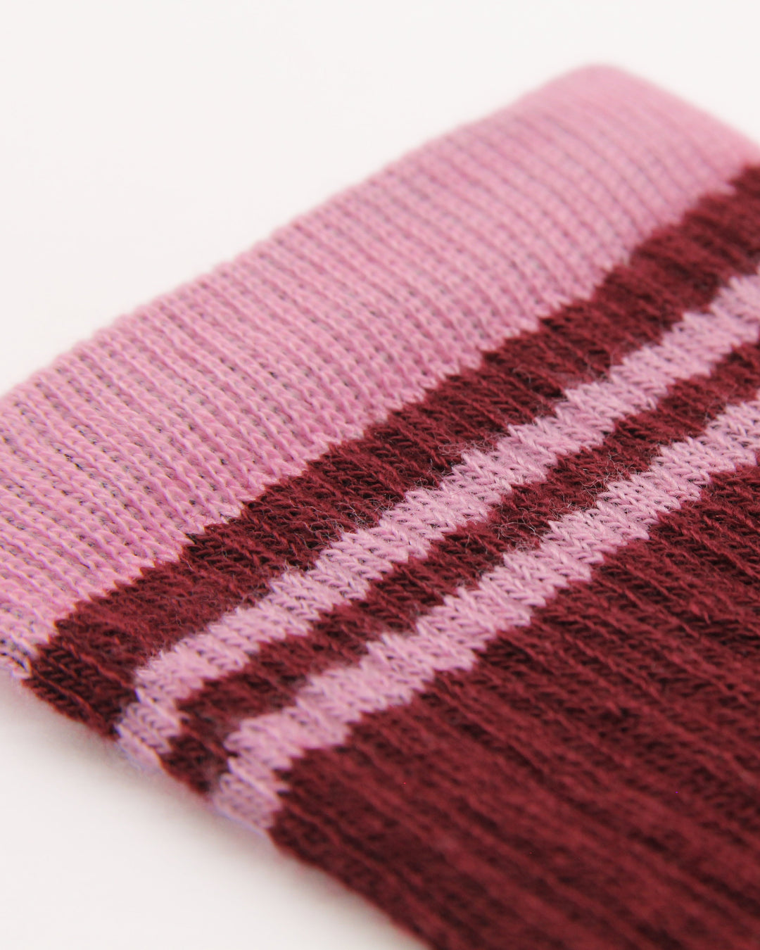 Close-up of burgundy and pink ribbed crew socks