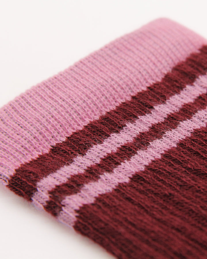 Close-up of burgundy and pink ribbed crew socks