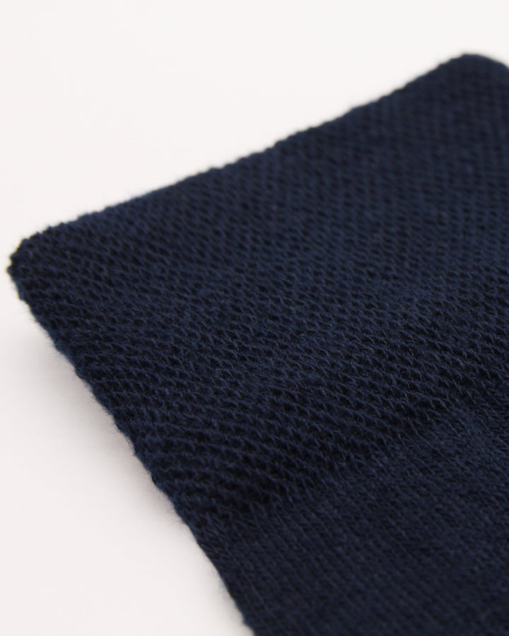 Detailed shot of plain navy everyday crew sock cuff