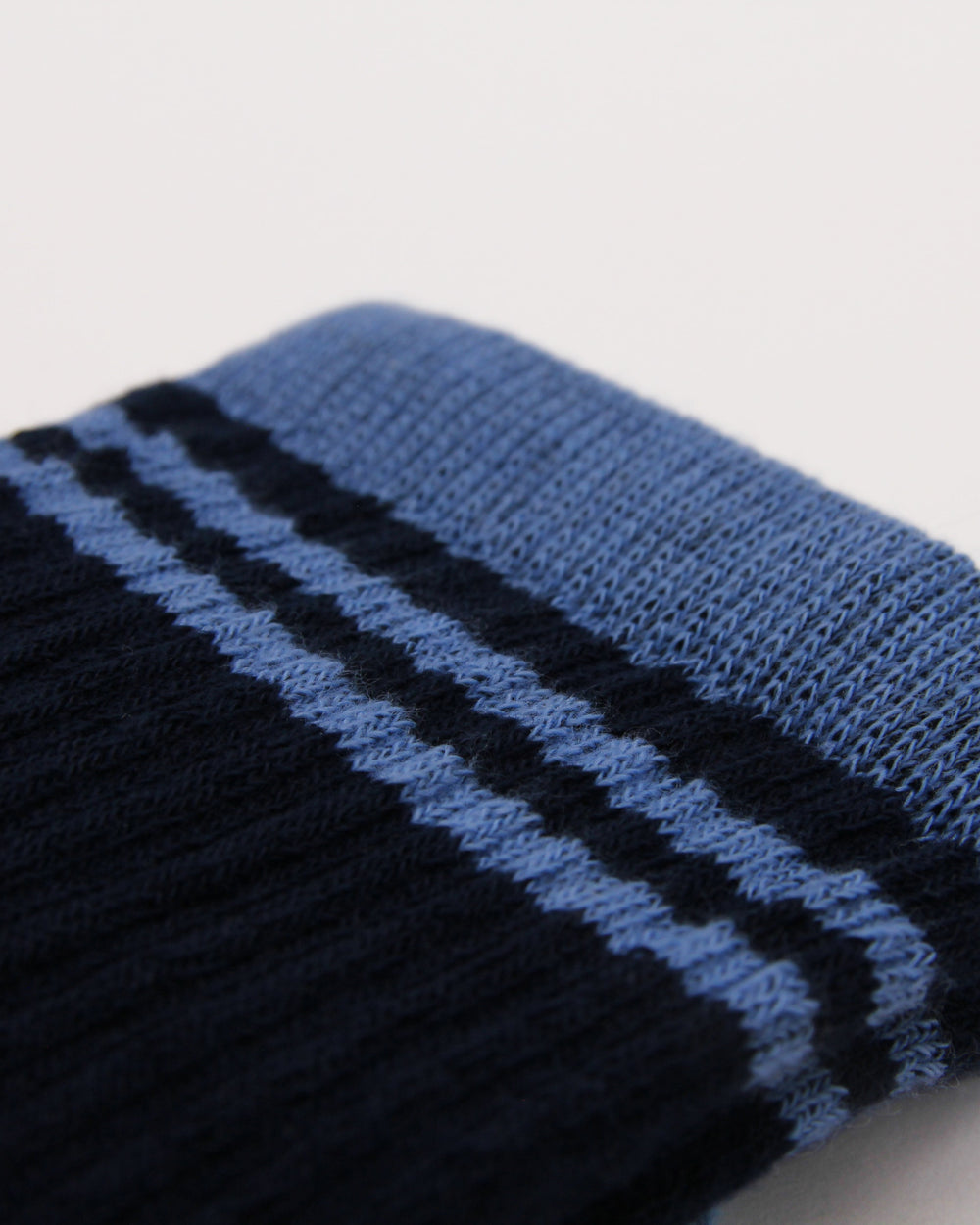 Close-up of knitting details of navy and blue ribbed crew socks