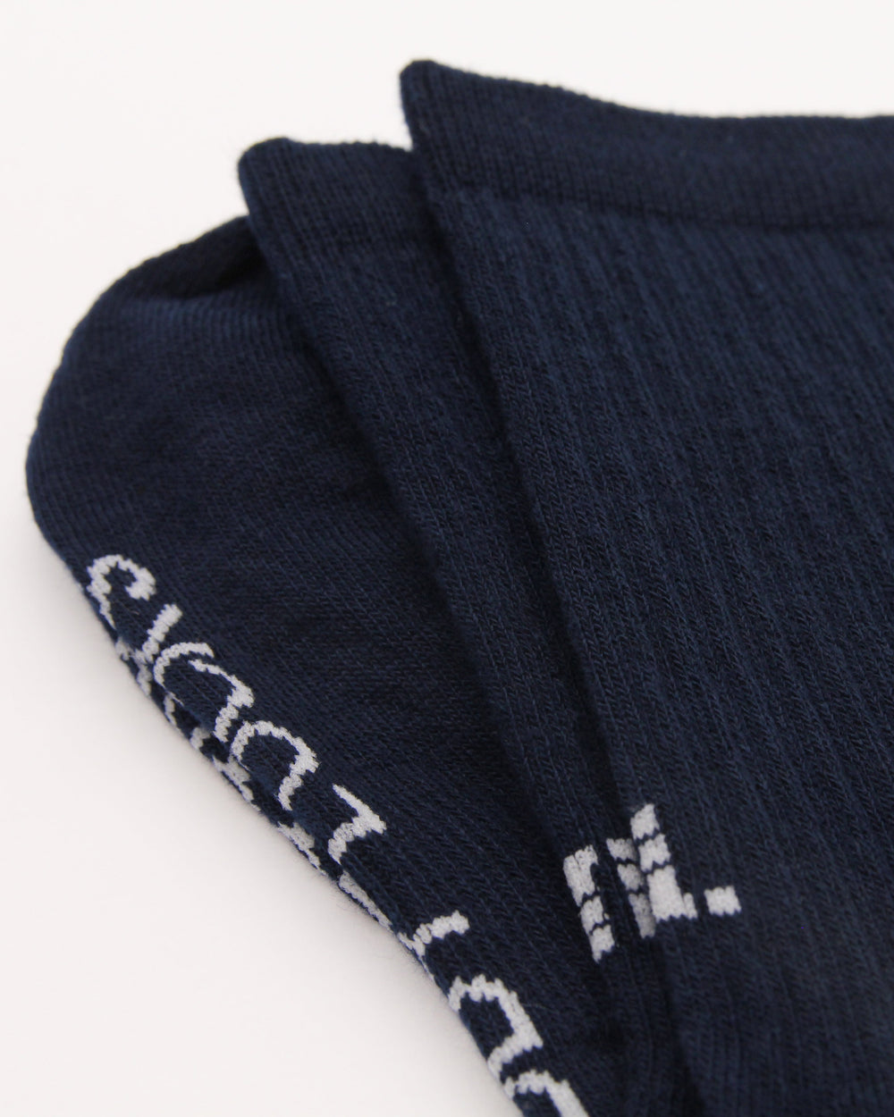 Close-up of navy ribbed crew socks showing stitching