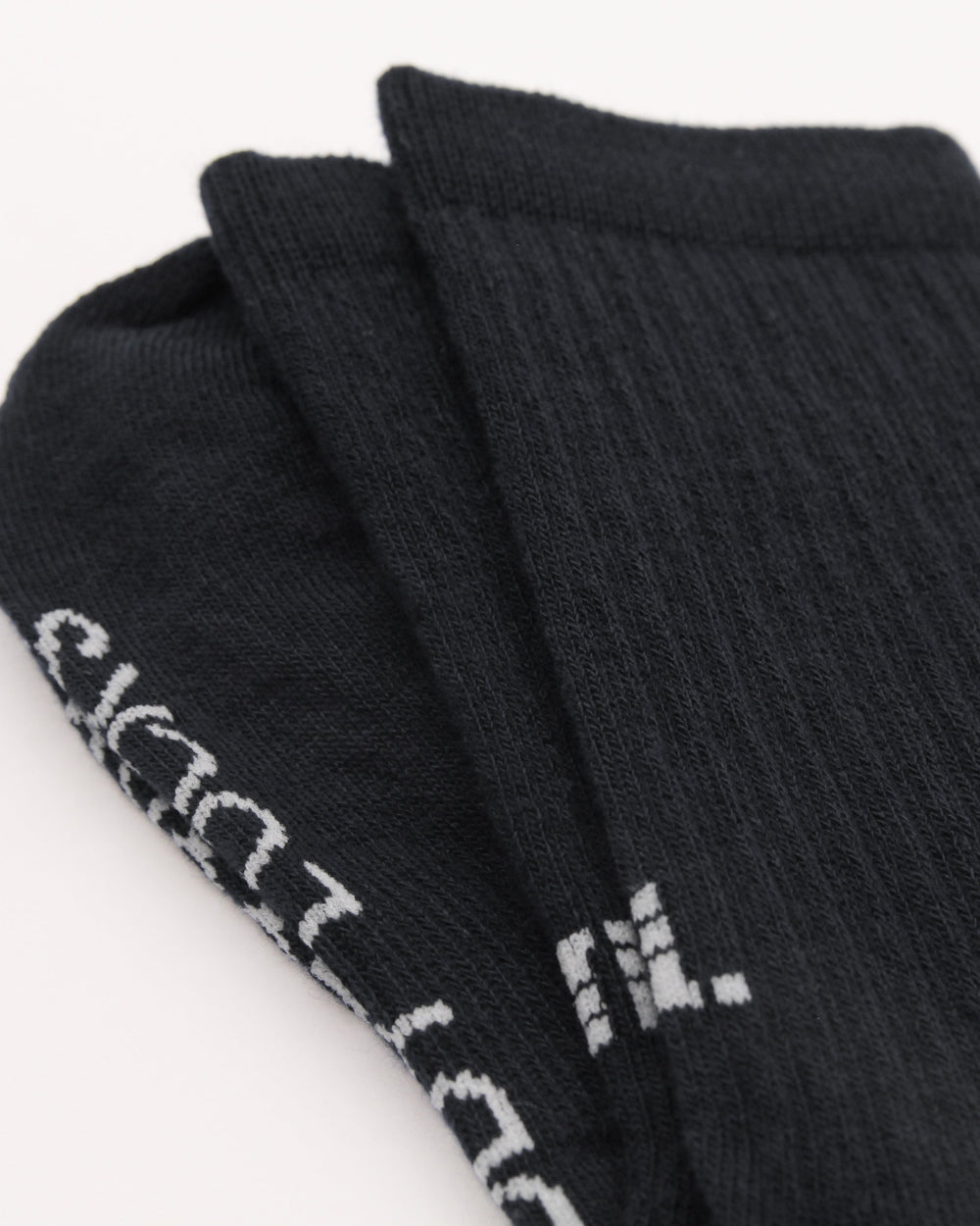 Close-up of black ribbed crew socks and the knitting details