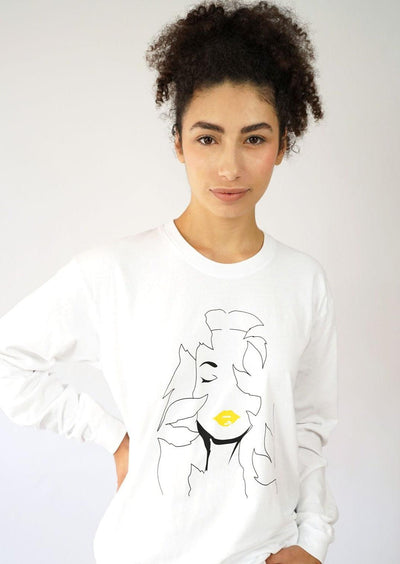 White recycled cotton long sleeve tshirt with artwork. Mother nature unisex graphic tshirt. 