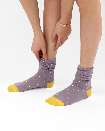Ecofriendly socks. Lilac and yellow slouch socks made from REPREVE