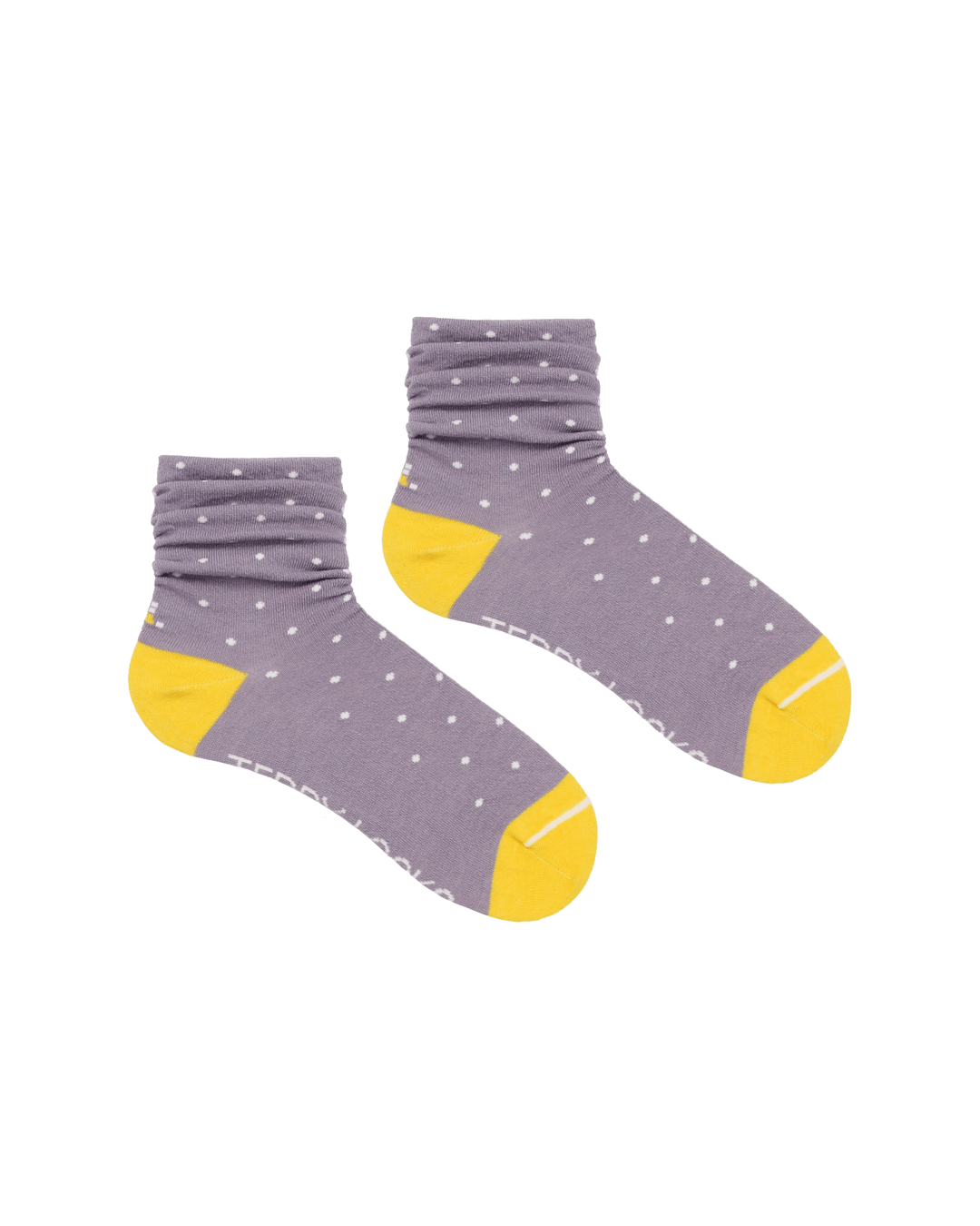 Sustainable slouch socks. Lilac socks with yellow toes. 