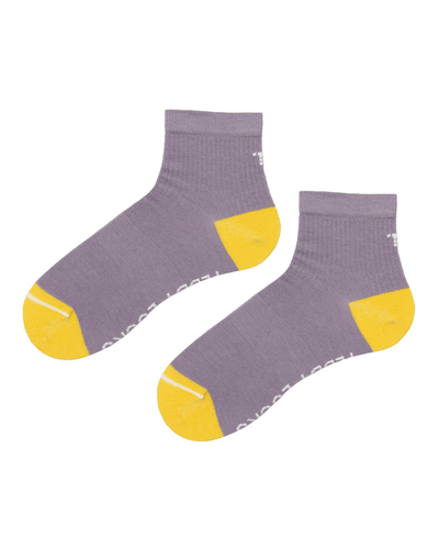 Lilac and yellow quarter length socks. Yellow toe and heel socks made from recycled plastic bottles