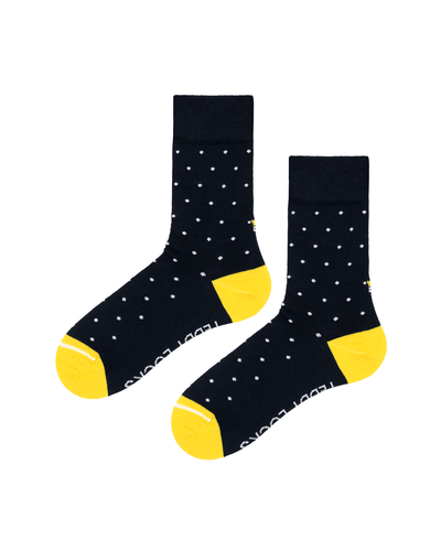 World's best sustainable socks. Navy Polka Dot crew socks. Seamless toe socks for women