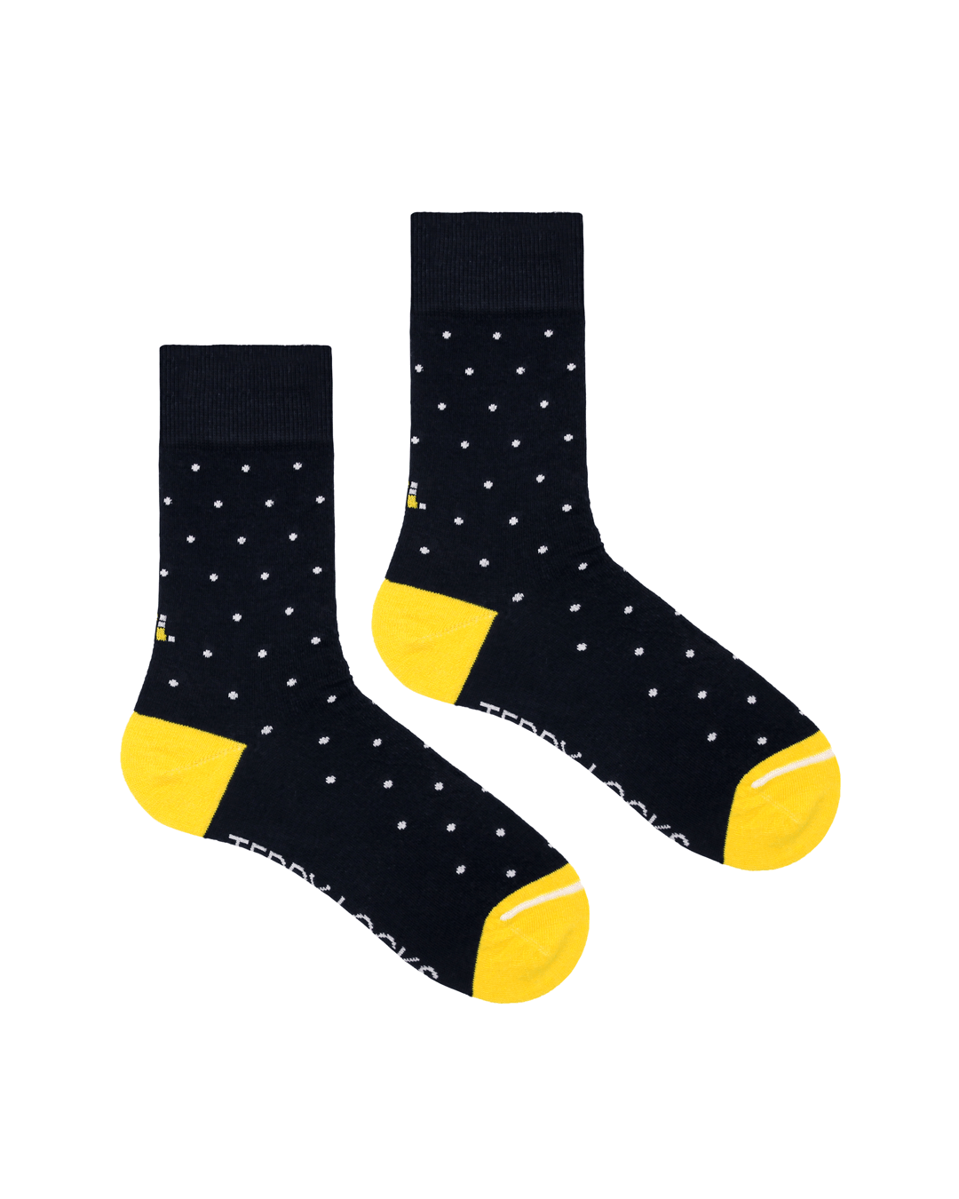 Navy Blue Polka Dot Crew Socks. Yellow Toe Socks. Made from Recycled Plastic Bottles