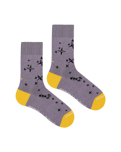 Lilac stars and rockets socks for women. Fun spaceship socks