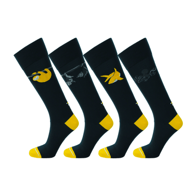 Dark blue dress socks with yellow toe and heel. Shark octopus sloth and opossum patterned socks. Ecofriendly socks for men.