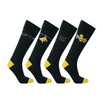 Navy blue socks made from Repreve in the USA. Recycled polyester socks for men. Dress socks in dark blue and yellow.